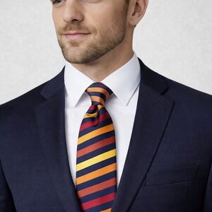 A. Vincenzo Mens Striped Necktie Navy Blue Orange Yellow Burgundy Silk Look Tie